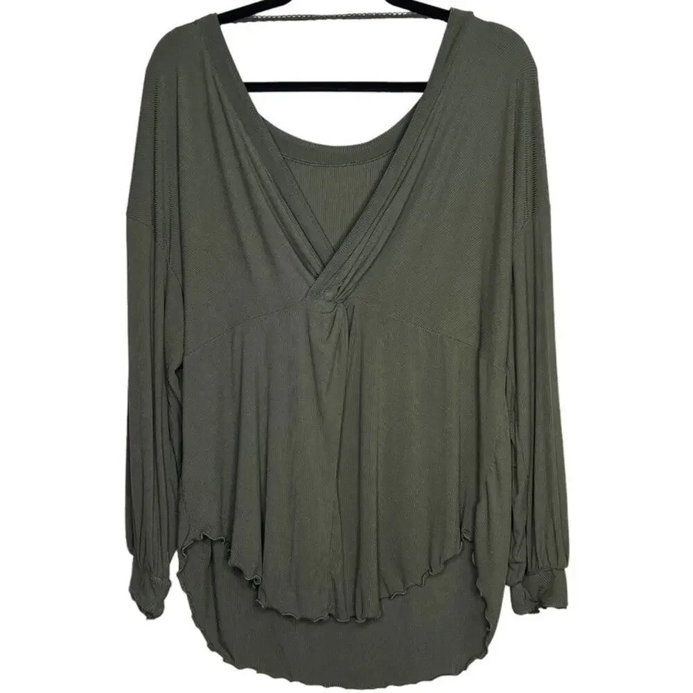 Free People Olive Green Open Back Top Ribbed Boho Twist Back Long Sleeve Small